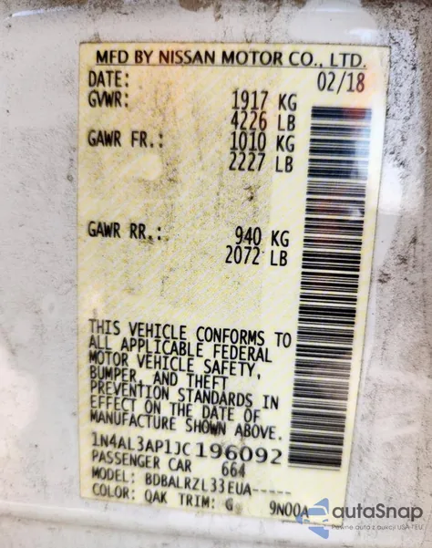 2018 Nissan Altima 2.5 from USA, damaged, VIN 1N4AL3AP1JC196092